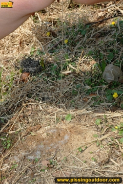 Outdoor pissing on the dry grass on a pond shore - N