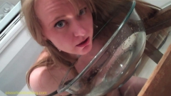 Blonde babe drinking her own pee in the bowl - N