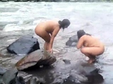 Two indian mature womens bathing in river naked